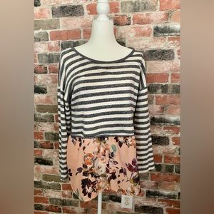 Anthropologie Striped Navy and White Mixed-Media Floral Hem Top